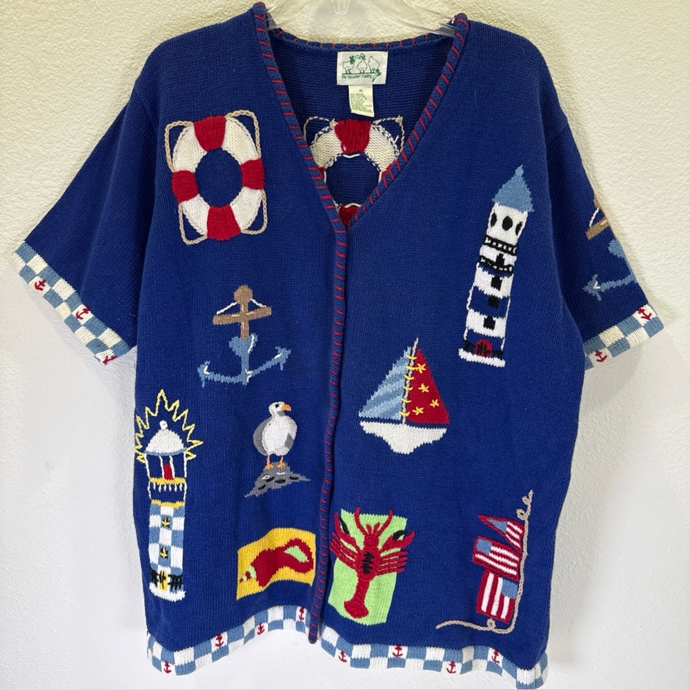 VTG Quacker Factory Womens 1X Button Down Short Sleeve Cardigan Sweater Nautical